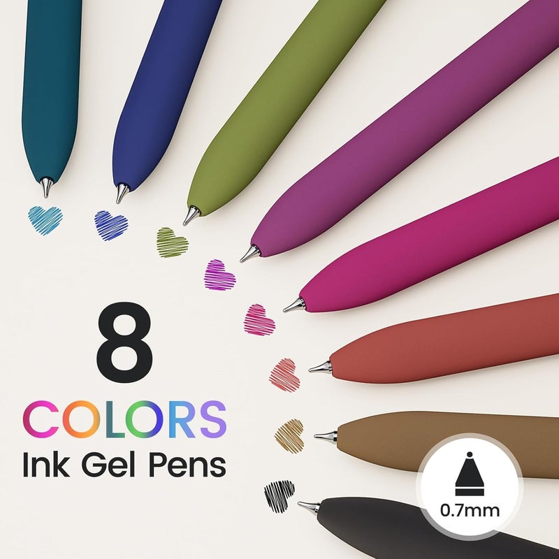 Jimmidda Colorful Gel Pens - 8 Pcs Colored Ink Pens Coloring | 0.7MM Smooth Writing Medium Point - Quick Drying Retractable Colored Pen for Journaling Note Taking (Vintage - 8Pcs - Image 2
